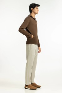 Pull unisexe marron tricoté à fermeture éclair, coupe classique, couleur unie, décontracté, pour l'automne, col montant, 100 % coton respirant, imprimé en relief - Product Image 4