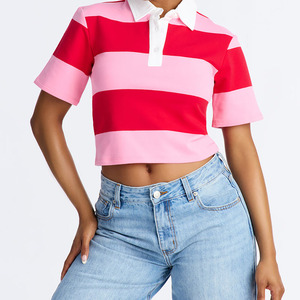 Polo Corto a Rayas para Mujer, Estilo Preppy, Bloques de Color Rosa y Rojo, Manga Corta, Algodón Oxford, Superventas - Product Image 1