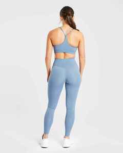 Conjunto de Yoga de 2 Piezas para Mujer, Top Corto con Tirantes en Y Azul, Pantalones Anchos de Cintura Alta, Transpirable, Color Sólido, Elástico, OEM - Product Image 6