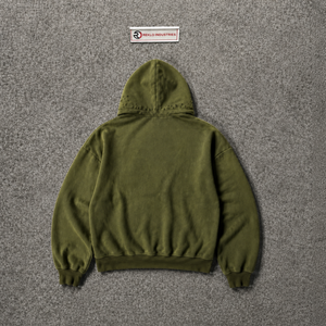 Wholesale Olive Green Men's Hooded Printed Embroidered Cross Logo Oversized Casual Hoodie 100% Cotton Vintage Washed Distressed - Product Image 6