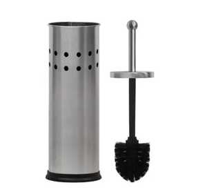 Perforated Stainless Steel Toilet <b>Brush</b> Holder Set <b>Floor</b> Standing Silver Mirror Polished Bathroom Cleaning Tool with Black Base - Product Image 1