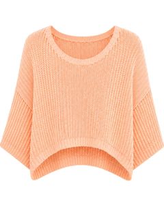 Suéter corto de punto oversize personalizado color melocotón para mujer, jersey holgado de punto calado con manga ancha acanalada, top informal de moda - Product Image 1