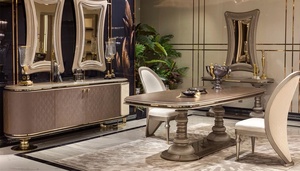 Ensemble de table à manger moderne de luxe en teck massif écologique avec 6 chaises, piédestal bronze champagne, design contemporain pour villa - Product Image 3