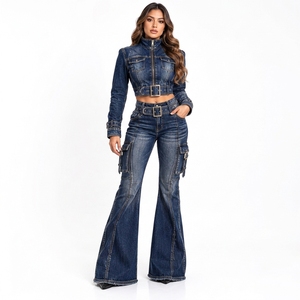Conjunto de Dos Piezas de Mezclilla Azul Oscuro para Mujer, Chaqueta Corta con Cierre y Jeans Acampanados, Ropa de Moda Personalizada al por Mayor - Product Image 1