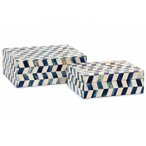 Chevron Pattern Handcrafted Bone Inlay Rectangle Blue Cream Modern <b>Jewelry</b> Organizer Storage <b>Box</b> for Rings Earrings <b>Necklace</b> - Product Image 1