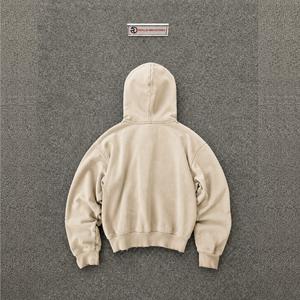 Sudadera con capucha beige desgastada con cremallera y mangas con pedrería, estilo oversize, streetwear, lavado vintage, estética grunge, unisex, casual. - Product Image 6