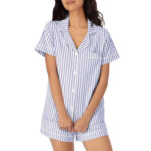 Conjunto de Pijama de Algodón para Mujer, Manga Corta, Pantalones Cortos, Estampado a Rayas, Ropa de Dormir de 2 Piezas, Ropa de Casa Suave y Cómoda, Conjunto de Pijama Personalizado - Product Image 1