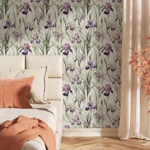 Carta da Parati Floreale Verde/Viola con Iride, Adesiva Vintage Staccabile e Riposizionabile, Decorazione Murale con Fiori Selvatici, Adesivo Murale Acquerello - Product Image 6