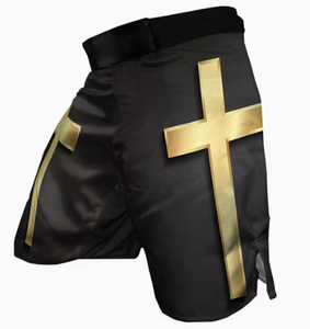 Shorts MMA noirs pour hommes avec imprimé croix dorée, séchage rapide, vêtements de combat d'arts martiaux mixtes, coupe régulière, imprimé - Product Image 1