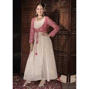 Traje Anarkali de chifón rosa RAHAT XS - Product Image 2