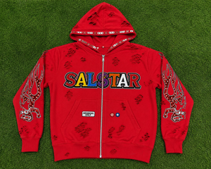 Sweat-shirt à capuche zippé pour homme, personnalisé, avec graphisme en strass rouges, style streetwear, broderie premium, mode hip-hop - Product Image 6