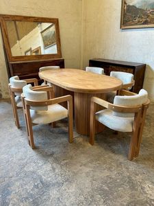 Juego de Mesa de Comedor Ovalada de Madera de Teca Minimalista, Silla Tapizada Moderna, Fabricante de Muebles de Indonesia - Product Image 5