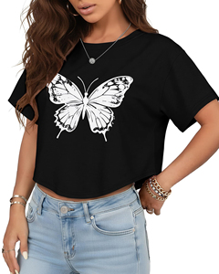 เสื้อยืดผู้หญิงทรงริงเกอร์ ดีไซน์สวย น้ำหนักเบา ระบายอากาศได้ดี ไม่ยับลายผีเสื้อ แขนสั้นทรงหลวม - Product Image 5