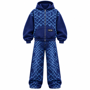 Conjunto de Sudadera con Capucha Oversize Unisex de Felpa Francesa Azul Sólido con Cremallera y Jeans de Mezclilla Casual Estilo Urbano con Bolsillo Delantero Transpirable - Product Image 2