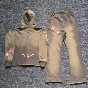Unisex Hooded Tracksuit Set Beige Cotton Fleece Applique <b>Star</b> <b>Design</b> Oversized Casual Autumn Wear Regular Fit - Product Image 2