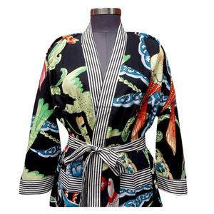 Robe kimono élégante à imprimé floral, douce et respirante, longueur intégrale, manches trois quarts, séchage rapide, décontractée, col en V, fermeture à ceinture, 100% coton - Product Image 3
