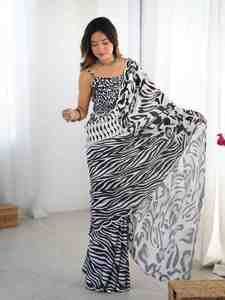 Sari moderne réversible à imprimé zèbre avec motif abstrait en polyester pour femme, tenue de soirée, longueur au sol, coupe classique - Product Image 1