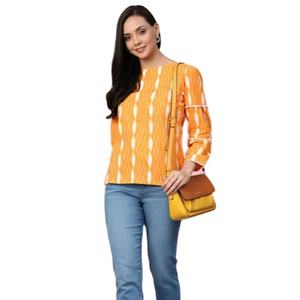 Haut en coton imprimé Ikkat, couleur orange, décontracté, ethnique, pour l'été, à porter au quotidien, confortable, respirant, séchage rapide, protection solaire - Product Image 1