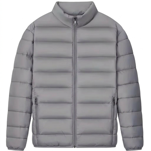 Men's Gray Stand Collar Puffer <b>Jacket</b> Windproof Casual Winter Zipper Front Polyester Wadding Regular Fit Solid Color - Product Image 1