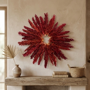 Décoration murale florale écologique unique en rouge, faite à la main avec du sorgho et un cadre en fer, pour la décoration de salon et de la maison - Product Image 6