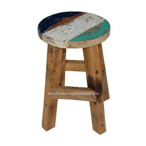 Sustainable Reclaimed Boat Wood <b>Round</b> Top <b>Stool</b> Leg with Square Wood Design Eco-Friendly Indoor Outdoor Bali Wood Furniture - Product Image 3