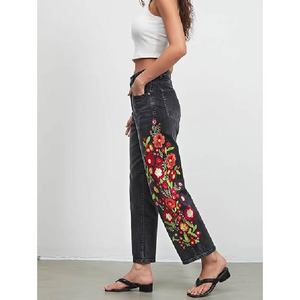 Pantalones vaqueros de mezclilla de cintura alta para mujer, con bordado floral, corte holgado, estilo bohemio, hasta el tobillo, de algodón, para verano - Product Image 4