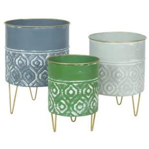 Modern Set of 3 Metal <b>Planters</b> with Gold Hairpin Legs Geometric Textured Indoor Flower Pots for Living Room & Office Decor - Product Image 1