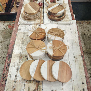 Exclusive Modern Black <b>Marble</b> <b>Coasters</b> with Acacia Wood Holder Premium Natural Stone Design Eco Friendly Gift Set for Home Decor - Product Image 1