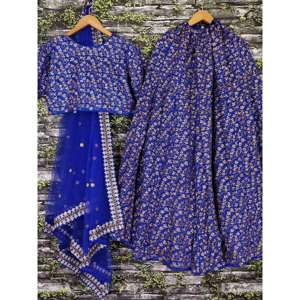 Lehenga de seda cruda bordado pesado diseñador de color azul elegante - Product Image 4