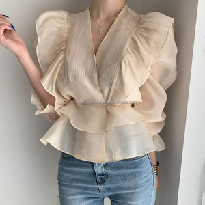 Blusa de Verano 2024 para Mujer, Cuello Alto, Manga Corta, con Botones, Talla Grande, de Gasa, Algodón y Bambú, Estilo Urbano, Transpirable y de Secado Rápido - Product Image 1