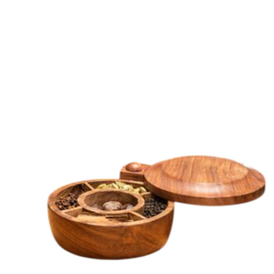 Boîte à épices traditionnelle indienne en bois Masala Dani avec couvercle, organiseur de rangement durable pour herbes et assaisonnements - Product Image 4
