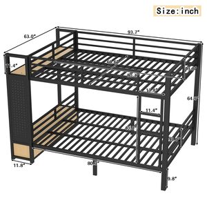 Queen Over Queen Metal Bunk <b>Bed</b> with <b>Storage</b> Shelves Drawers Pegboard for Teens <b>Black</b> Color - Product Image 4