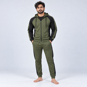 Conjunto Deportivo para Hombre con Capucha y Cremallera, Bloques de Color, Manga Larga, Pantalón Largo, Verde Oliva y Negro, Premium - Product Image 1