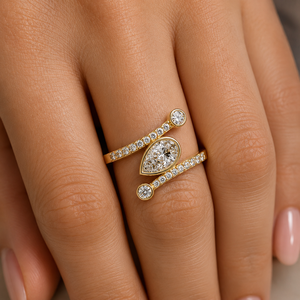 Luxury 14K Yellow <b>Gold</b> Pear Cut Lab Grown Diamond Bezel <b>set</b> Bypass Engagement Bridal Wedding <b>Ring</b> for Women's Fine Jewelry - Product Image 2
