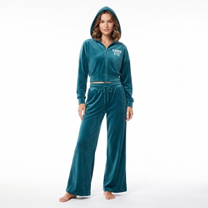 <b>Women</b> <b>Velvet</b> Tracksuit Full Sleeve Hooded Crop Zip <b>Top</b> Wide Leg Jogger Pants Casual Wear Winter Wear Breathable Two Piece Set - Product Image 5