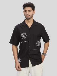Men's Winter Black Short Sleeve Embroidered Floral Casual <b>Shirt</b> with Turn Collar Eco-Friendly Breathable White Stitching Detail - Product Image 5