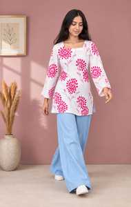 Kurta en coton imprimé floral blanc avec pantalon palazzo bleu, coupe ample décontractée, idéal pour le printemps - Product Image 4