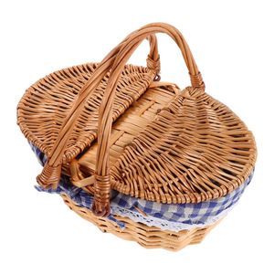 Cesta de Picnic Rectangular Vintage de Mimbre con Doble Tapa Plana, Cesto de Almacenamiento Artesanal de Salgueiro con Forro Rayado Extraíble, Regalo para Camping - Product Image 4