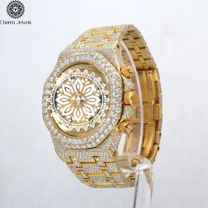 Charm_Jewels Luxury Men's Yellow Gold Diamond Watch 43mm Round Analog Quartz <b>Chronograph</b> Folding Clasp - Product Image 1