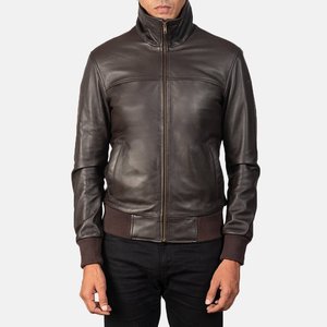 Blouson aviateur en cuir véritable pour homme, col rabattu, fermeture éclair, coupe ajustée, style moto, vêtement d'automne pour homme - Product Image 2