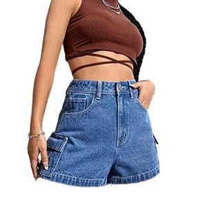 Shorts cargo en jean taille haute pour femme, détails de poches tendance, pantalon court en coton, bas décontracté d'été - Product Image 2