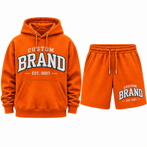 Custom Brand <b>Men's</b> <b>Hoodie</b> <b>Shorts</b> <b>Set</b> Orange Cotton Fleece Casual Wear Autumn Sweatshirt Outfit Printed Logo Front <b>short</b> <b>set</b> - Product Image 1