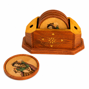 Handcrafted Wooden Tea <b>Coaster</b> Set | Indian Decorative Wood <b>Drink</b> <b>Coasters</b> with Holder - Product Image 2