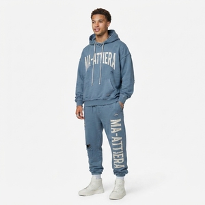 Custom Blue Washed Distressed <b>Oversized</b> Hoodie and Jogger <b>Sweatpants</b> Men Two Piece Streetwear Tracksuit Set - Product Image 5