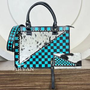 Sacs fourre-tout de luxe personnalisés en cuir de vachette à carreaux, grande capacité, avec portefeuille-bracelet, ensemble assorti pour femme - Product Image 1