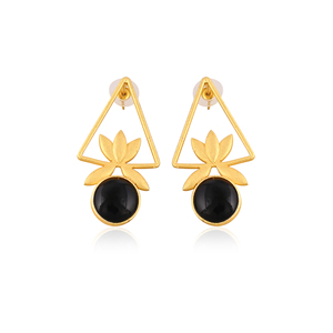 Natural <b>Black</b> <b>Onyx</b> Gold Plated Brass Bezel Setting Dangle <b>Earrings</b> Handmade Fashion Jewelry Shilpi Impex for Women Wholesale Lot - Product Image 1