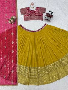 Robe indienne Lehenga Choli en Georgette à sequins or rose, semi-couturée, avec dupatta en tulle, tenue de mariage - Product Image 4