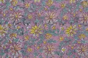 Hand Block Printed Lightweight Woven Floral Cotton Fabric for Boys Home Decor & <b>Dress</b> Sewing in Purple Yellow Pink Teal Blossoms - Product Image 1