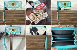 Nueva Cartera de Cuero de Vaca Grabada a Mano con Diseño Floral de Girasol Estilo Western, Bolso de Mano con Correa para Dama, Monedero con Protección RFID - Product Image 3