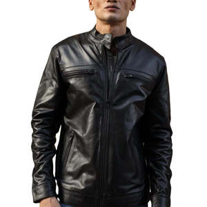 Veste en cuir classique noire pour homme, style Café Racer, avec col mandarin - Product Image 3